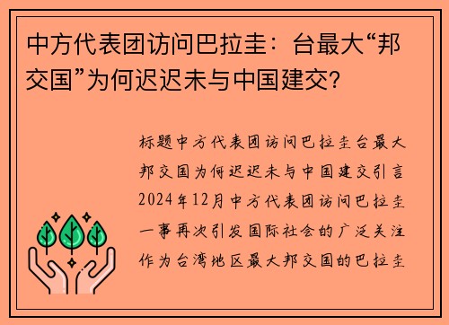 中方代表团访问巴拉圭：台最大“邦交国”为何迟迟未与中国建交？