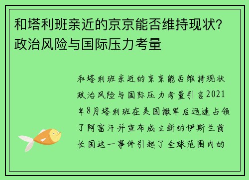 和塔利班亲近的京京能否维持现状？政治风险与国际压力考量