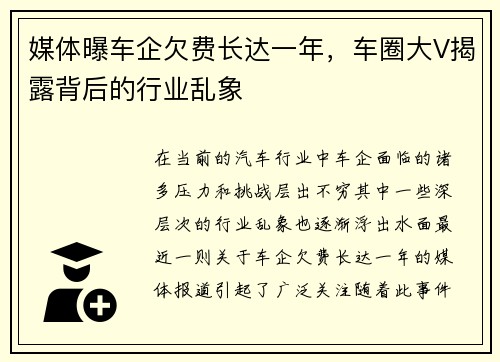 媒体曝车企欠费长达一年，车圈大V揭露背后的行业乱象
