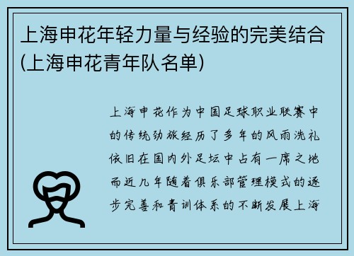 上海申花年轻力量与经验的完美结合(上海申花青年队名单)