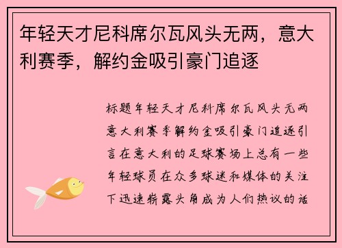 年轻天才尼科席尔瓦风头无两，意大利赛季，解约金吸引豪门追逐