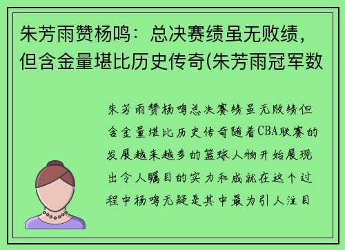 朱芳雨赞杨鸣：总决赛绩虽无败绩，但含金量堪比历史传奇(朱芳雨冠军数)