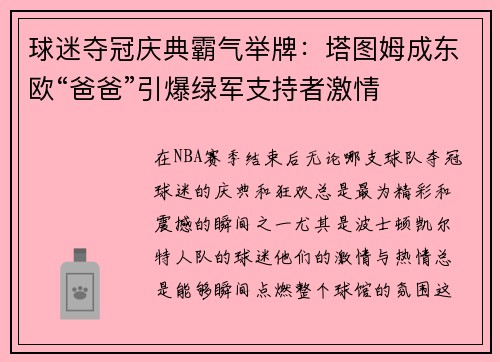球迷夺冠庆典霸气举牌：塔图姆成东欧“爸爸”引爆绿军支持者激情