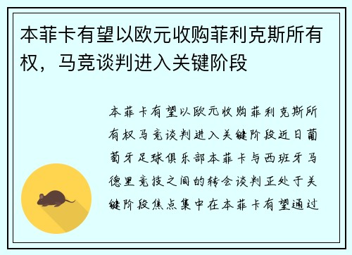 本菲卡有望以欧元收购菲利克斯所有权，马竞谈判进入关键阶段