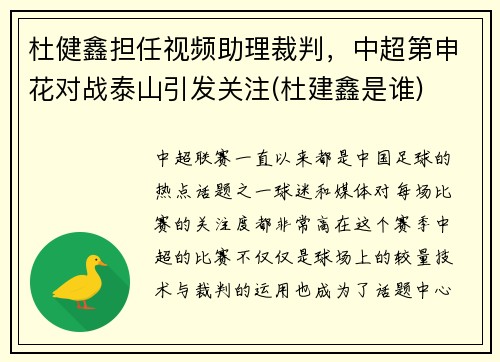 杜健鑫担任视频助理裁判，中超第申花对战泰山引发关注(杜建鑫是谁)