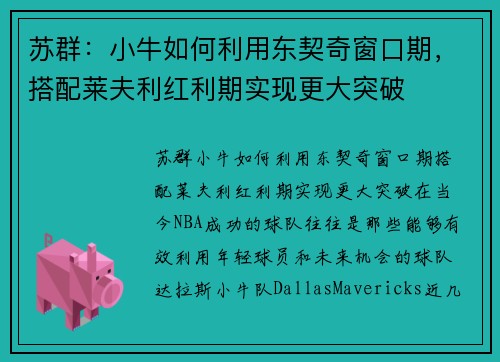 苏群：小牛如何利用东契奇窗口期，搭配莱夫利红利期实现更大突破