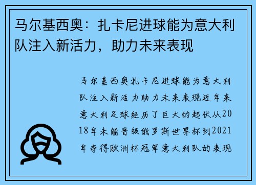 马尔基西奥：扎卡尼进球能为意大利队注入新活力，助力未来表现