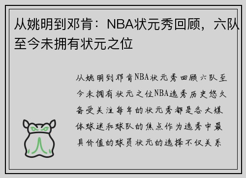 从姚明到邓肯：NBA状元秀回顾，六队至今未拥有状元之位