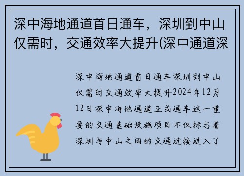深中海地通道首日通车，深圳到中山仅需时，交通效率大提升(深中通道深圳至中山多久)