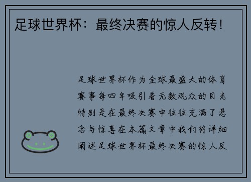 足球世界杯：最终决赛的惊人反转！