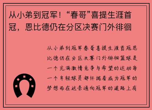 从小弟到冠军！“春哥”喜提生涯首冠，恩比德仍在分区决赛门外徘徊
