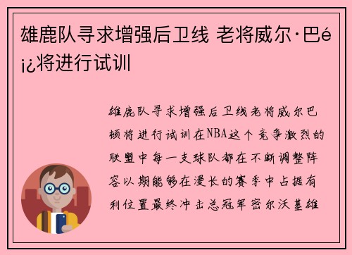 雄鹿队寻求增强后卫线 老将威尔·巴顿将进行试训